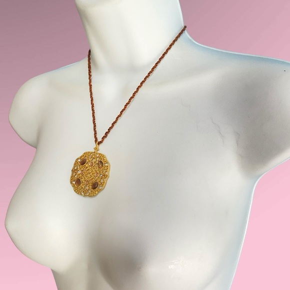 NY Statement Necklace Pendant Sparkly Rhinestone On Brown Silk Cord - Picture 1 of 8